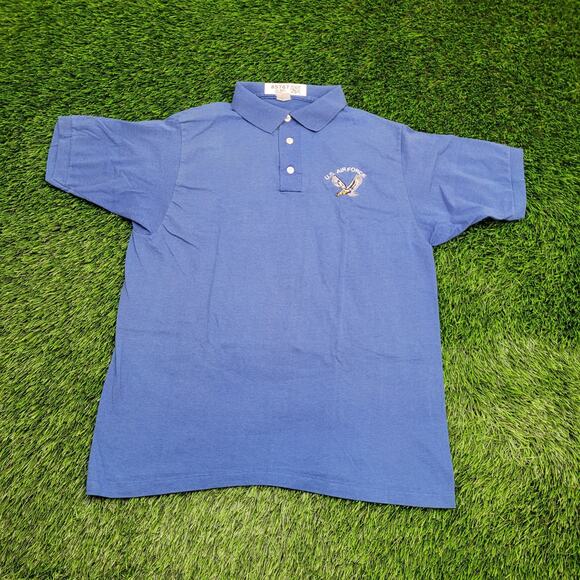 Vintage 80s US Air-Force Eagle Polo Shirt M/L 21x27 Blue - Picture 1 of 12